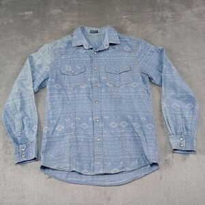 Earthbound Trading Pearl Snap Shirt Mens M Chambray Western Aztec All Over Print